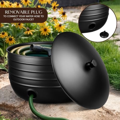 Monarch Abode Garden Hose Holder with Lid – Decorative Water Hose Holders for Outside, Border Embossed Metal Matte Black Pot with Drainage, 100ft Waterhose Holder for Outside, Garden Storage Caddy - Image 4