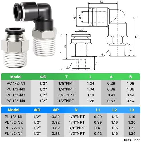 TAILONZ PNEUMATIC Elbow and Straight Combination 1/2 Inch Tube OD x 1/2 Inch NPT Thread Push to Connect Fittings PC-1/2-N4+PL-1/2-N4(Pack of 12) - Image 2