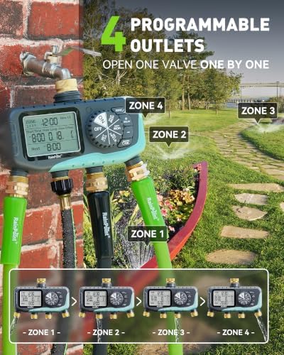 RAINPOINT Sprinkler Timer, 4 Outlets Hose Timer with Brass Inlet with Rain Delay/Manual/Automatic Controller System, Programmable Digital for Lawn Yard (Baby Blue, 4 outlets) - Image 2