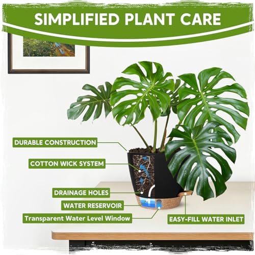Self Watering Pots for Indoor Plants (5/5.5/6/6.5/8 Inch), Terra Cotta Planters with Water Level Indicator & Drainage,Wicking Pots for Monstera, Herbs & Snake Plant (Black, 5/5.5/6/6.5/8 Inch) - Image 4
