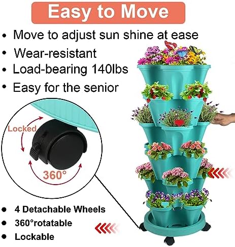 GameXcel Vertical Planter Tower - 6 Tier Stackable Garden Planters with Wheels and Garden Tool Set Plant Pots for Strawberry Herb Flower and Vegetable Indoor Outdoor Use Teal - Image 5