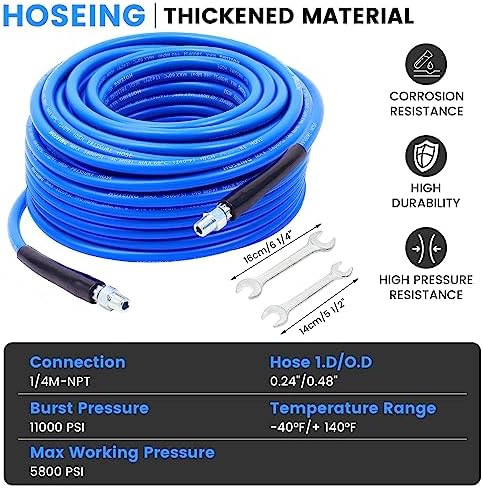100FT Pressure Washer Sewer Jetter Kit, 5800 PSI Water Jet Drain Cleaner Hose with Corner Rotating Button Nose Nozzle, 1/4 Inch NPT, Kit Includes Sewer Jetting Nozzles and Spanner Handle Strap - Image 2