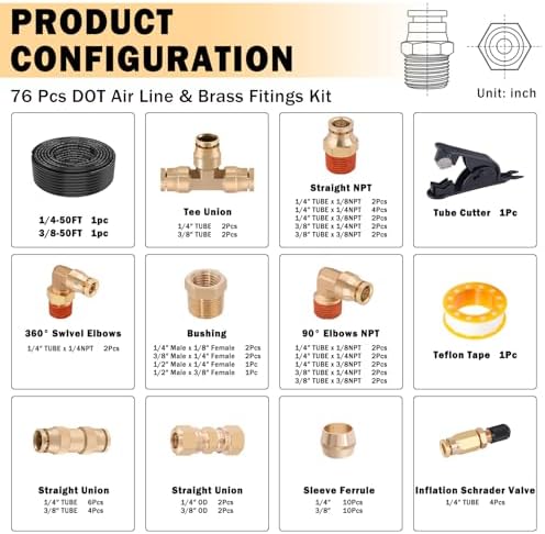 CheeMuii 72 PCS Brass DOT Air Line Fittings with 1/4" & 3/8" DOT Air Hoses - Image 2