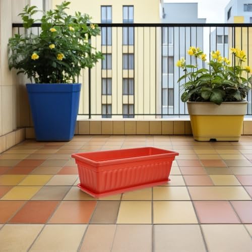 MAGICLULU 2pcs Large Plastic Rectangle Planters with Saucers for Balcony and Garden, Thickened Window Boxes for Vegetable and Strawberry Planting, Brick Red Sturdy Flower Holders - Image 7