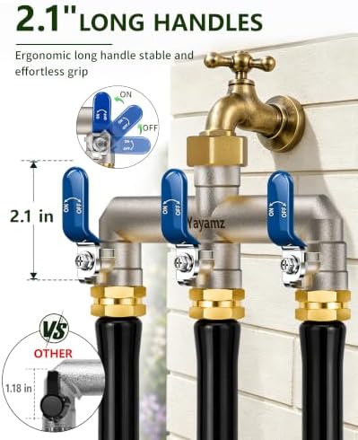 3-Way Garden Hose Splitter, Heavy-Duty Brass, 3/4" GHT, (Blue) - Image 6