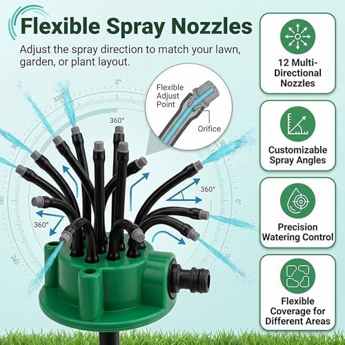 360° Coverage Precision Garden Irrigation Sprinkler Adjustable Garden Watering System with Flexible Spray Arms Rotating Yard Irrigation Tool Auto Roof Cooling Coverage System for Grass Roof(3pcs) - Image 7