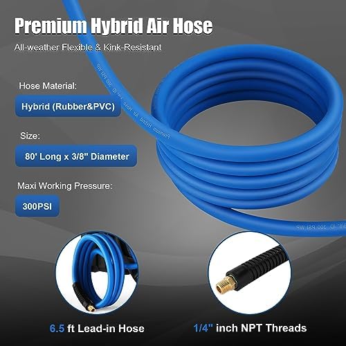 80FT + 6.5FT Retractable Air Hose Reel, Wall Mount Pneumatic Hose Reel for Garage Workshop, Automatic Rewind, 3/8" x 80' Hybrid Air Hose with Brass Fittings + Bend Restrictors, 300PSI - Image 5