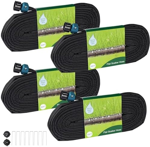 Hourleey Flat Soaker Hose 200 FT for Garden, 200' (50FT x 4) Linkable Consistent Drip Irrigation Hose, Leak-free Dual-layer Design Saving 80% Water Garden System Water Hose with Holes by Hourleey