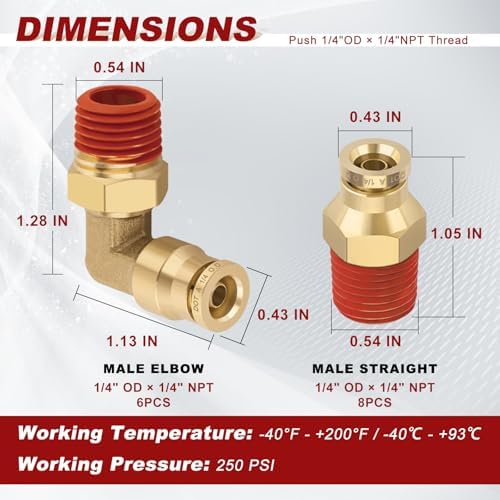 1/4" Tube x 1/4" NPT Male Straight & Elbow Brass Air Fittings Kit, 14PCS - Image 5