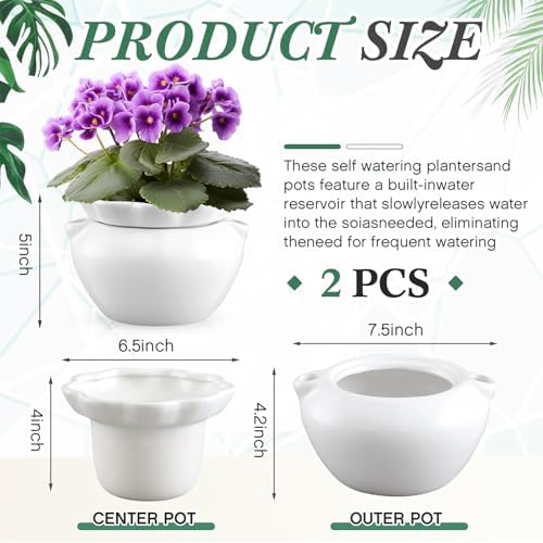 2 Set 7.5 Inch African Violet Pots Self Watering Ceramic - Image 3
