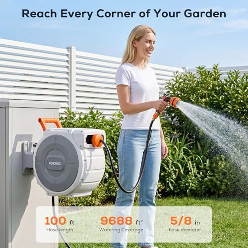 Retractable Hose Reel 5/8" x 100 FT, Heavy-Duty Garden Hose with Aluminum Bracket & Brass Seal, 10-Pattern Nozzle, Auto Rewind & Any-Length Lock, 180 Swivel, Wall Mount for Yard Lawn Patio - Image 4