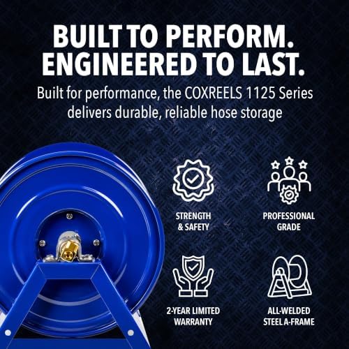 Coxreels 1125-4-100 Hand Crank Steel Hose Reel, 1125 Series - ½" x 100', 3,000 PSI - Heavy Duty All Welded Steel A Frame – Adjustable Tension Break – Made in The USA, Blue - Image 2