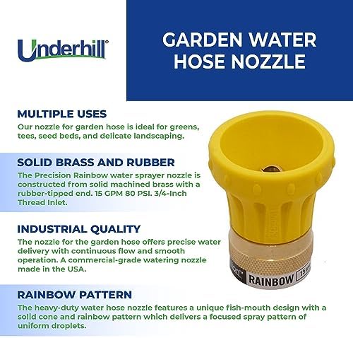 Underhill Precision Rainbow Garden Water Hose Nozzle Sprayer, 15 GPM 80 PSI, 3/4-Inch Thread Inlet, High Pressure Heavy-Duty Brass and Rubber, HN1500 - Image 3