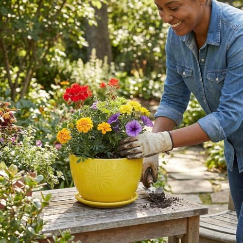 MyGift 7 Inch Yellow Ceramic Planter Pot with Sunburst Design & Saucer - Image 3