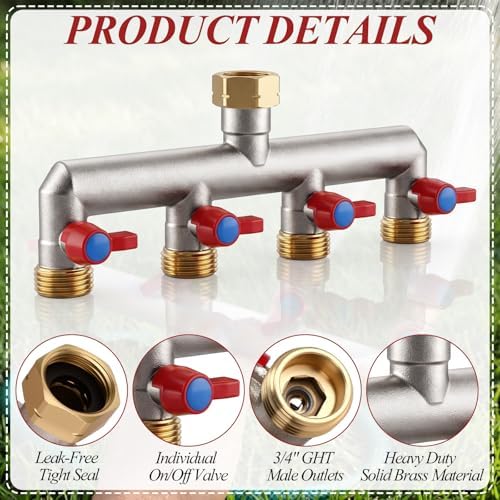 Gerrii 2 Pack 4 Way Hose Splitter Heavy Duty Solid Brass Manifold Hose Faucet T Tap Connection with Individual On/Off Valve, 3/4" GHT Spigot Adapter, Garden Outdoor Pipe Tap Splitter - Image 5