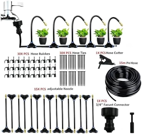 DIY Drip Irrigation Kit, 50ft Micro Spray & Misting System for Garden/Raised Beds - 15 Adjustable 360° Brass Plant Misters - Flexible PE Hose for Greenhouse, Lawn & Outdoor Cooling - Color - Image 2