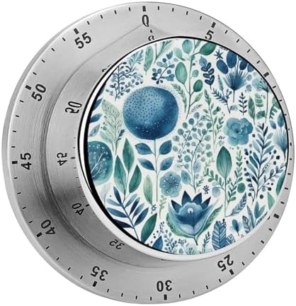 Mechanical Kitchen Timers for Cooking,Blue Plant Pattern Printed 60 Minute Magnetic Countdown Timer,Cute Cooking Timers with Alarm,Stainless Steel Time Timer Manual No Batteries Required by Unknown