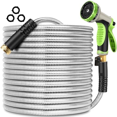 Metal Garden Hose 100 ft Stainless Steel Water Hose Heavy Duty with 10 Way Nozzle-Flexible Lightweight Durable No Kink & Tangle Hoses Pipe Strong 3/4’’ Solid Brass Fitting for Outdoor Yard by Wabolay