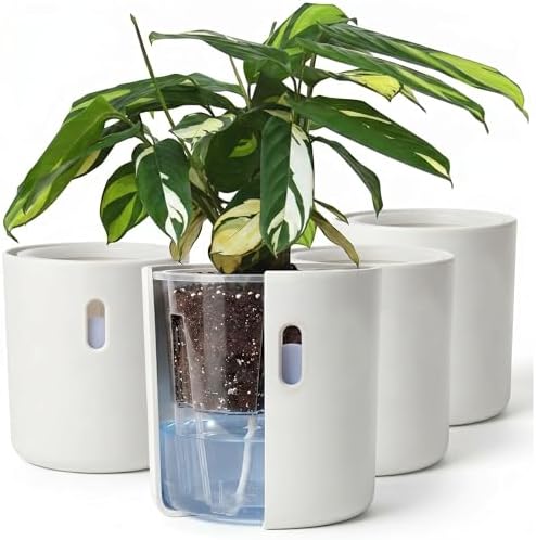 Self Watering Planters, 6 Inch Pot with Water Reservoir, Nylon Wick & Clear Inner Pot, Bottom Water System | Large Self Watering Pots for Indoor & Covered Outdoor Plants | White | Pack of 4 by Wavyleaf