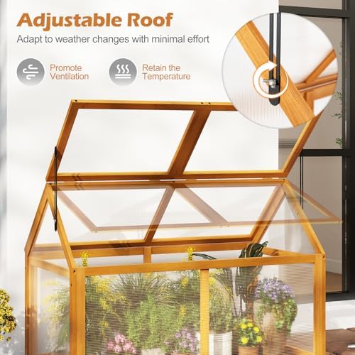 Giantex Wood Cold Frame Greenhouse, Portable Raised Flower Planter Protection with Transparent Panels & Adjustable Roof, Small Indoor Outdoor Hot House for Garden Balcony, 40”x21”x28” - Image 3