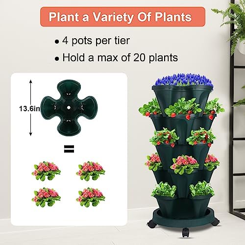 DUNCHATY Stackable Planter, Vertical Garden Planter with Wheels and Tools, Strawberry Indoor/Outdoor 5 Tier Tower Herb for Growing Vegetables Succulents, Dark Green, 2 Pack - Image 2