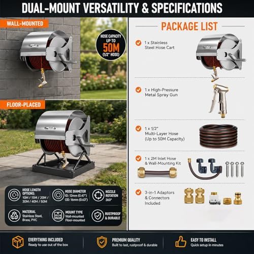 Heavy Duty Stainless Steel Hose Reel for Outside, Wall & Floor Mounted Metal Garden Water Pipe Cart with Multi-Pattern Spray Gun Nozzle, Max Capacity 165FT/50M(30M/100FT) - Image 3