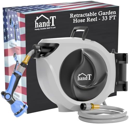 USA Based Retractable Garden Hose Reel, 1/2 in x 33 ft Quick Connect 10-Pattern Sprayer, Wall Mounted Auto Self Retracting Water Hose Reels, UV Resistant Automatic Rewind 180° Mount | Gray by HANDT