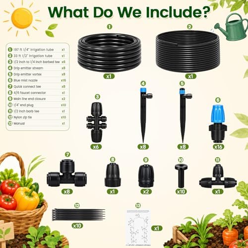 Yungyan Extra Thickened 230FT New Quick-Connect Drip Irrigation System Kit with 1/2''&1/4'' Tubing, Adjustable Drip Emitters & Misting Nozzles, DIY Automatic Irrigation Kit for Garden Greenhouse Lawn - Image 2