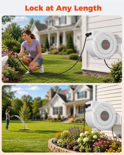 5/8 in 100ft Retractable Garden Hose Reel with Any-Length Lock Slow Auto Rewind Heavy Duty Water Hose Reel With 9-Pattern Nozzle 180° Swivel Bracket UV Resistant Wall Mounted Hose Reel for Outside - Image 3