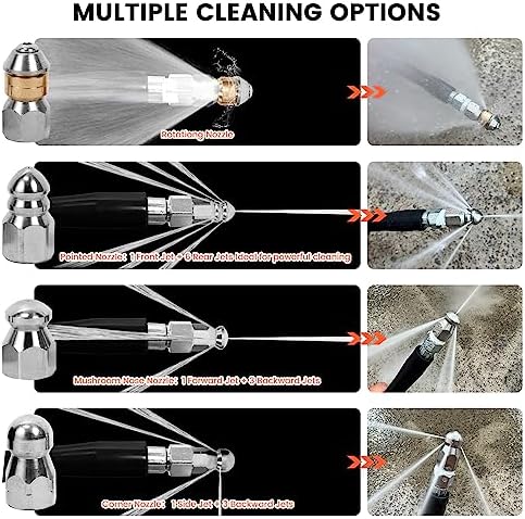 100FT Pressure Washer Sewer Jetter Kit, 5800 PSI Water Jet Drain Cleaner Hose with Corner Rotating Button Nose Nozzle, Sewer Jetting Nozzles Kit with Spanner Handle Strap - Image 6