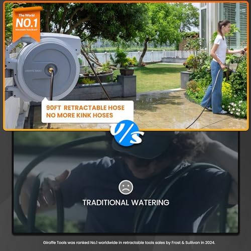 Giraffe Tools Retractable Garden Hose Reel 5/8" 90FT Wall Mount Light Grey - Image 2