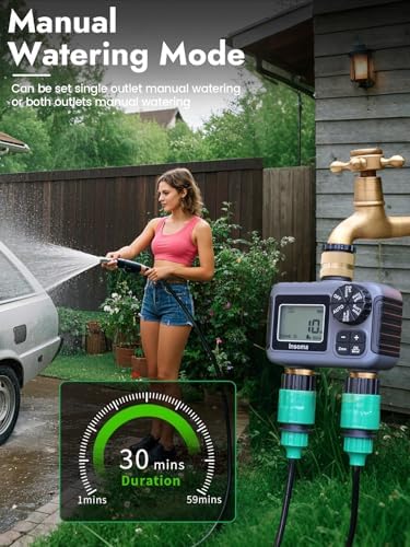 Insoma 2-Zone Water Timer Brass Inlet/Outlet, Programmable Outdoor Hose Faucet Timers with Auto/Manual Modes + Rain Delay, Waterproof Sprinkler Timer for Garden, Lawn, Yard, Pool | Save Water & Money - Image 4