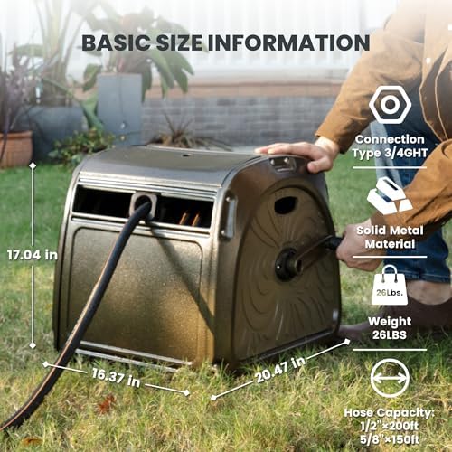 Giraffe Tools SW5 Metal Hose Reel Box, Heavy Duty Garden Hose Storage Reel Hideaway, Crank Handle, 100ft 5/8" Hose, Green - Image 2