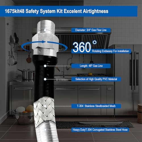 2PACK 1675KIT48 Safety System Kit, 48" Commercial Gas Hose Connector Kit with 3/4" Quick Disconnect, Flexible Gas Line Hose, Gas Valve & Restraining Cable for Moveable Commercial Kitchen Equipment. - Image 2