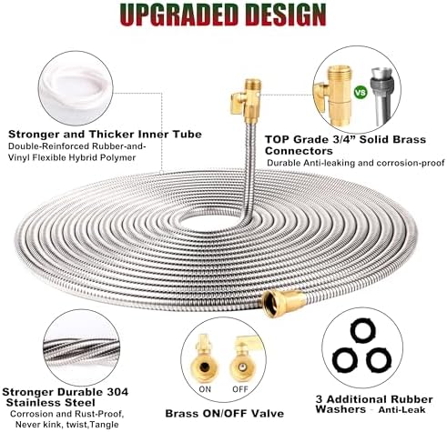 Metal Garden Hose 25 ft Water Hose 304 Stainless Flexible Lightweight Outdoor Yard Strong Durable Heavy Duty Hose Pipe with 10-Way Nozzle Solid 3/4" Brass Connectors No Kink Leakproof Outside - Image 3
