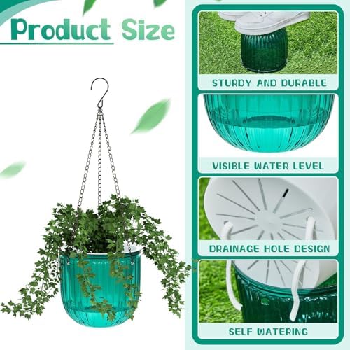 Meanplan 4 Pcs Self Watering Hanging Planter Indoor 6.5 Inch Hanging Baskets for Plants Outdoor Plastic Flower Pot with 3 Hooks Chains Drainage Holes for Garden Home, Medium Size(Emerald) - Image 4