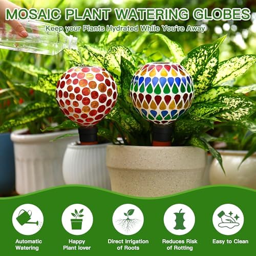 SAVENNA Mosaic Plant Watering Globes with Terracotta Spikes, 17oz Glass Self Watering Globes for Indoor & Outdoor Potted Plants, Decorative Water Drippers, Set of 2 - Image 2