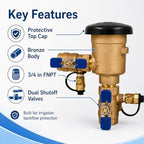3/4" Pressure Vacuum Breaker Assembly – Bronze Body, Dual Shutoff Valves, Protective Top Cap, 3/4 in FNPT, Integrated Test Cocks – Durable Backflow Preventer for Irrigation & Lawn Systems - Image 2