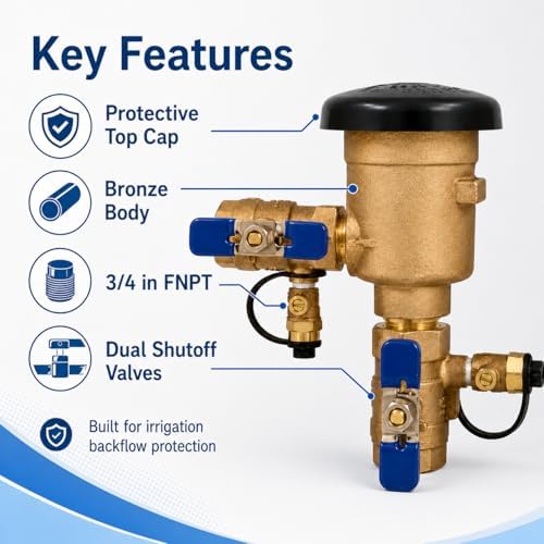 3/4" Pressure Vacuum Breaker Assembly – Bronze Body, Dual Shutoff Valves, Protective Top Cap, 3/4 in FNPT, Integrated Test Cocks – Durable Backflow Preventer for Irrigation & Lawn Systems - Image 2