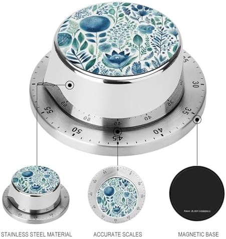Mechanical Kitchen Timers for Cooking,Blue Plant Pattern Printed 60 Minute Magnetic Countdown Timer,Cute Cooking Timers with Alarm,Stainless Steel Time Timer Manual No Batteries Required - Image 3