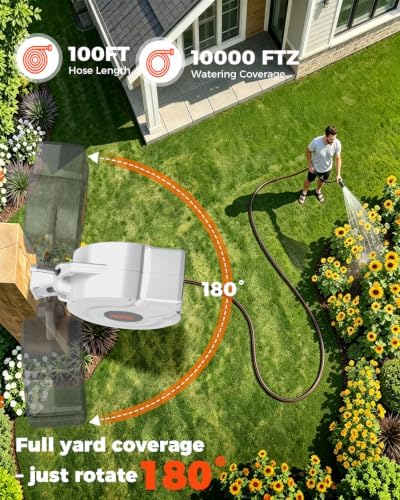 5/8 in 100ft Retractable Garden Hose Reel with Any-Length Lock Slow Auto Rewind Heavy Duty Water Hose Reel With 9-Pattern Nozzle 180° Swivel Bracket UV Resistant Wall Mounted Hose Reel for Outside - Image 5