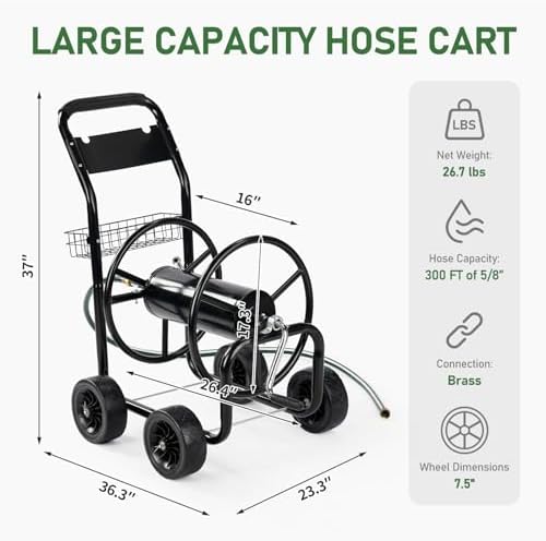 VINGLI 300FT 5/8in Garden Hose Reel Cart, 4-Wheel Portable Residential Hose Reel Cart, Hose Guide System with Storage Basket, Rust Resistant, for Family Yard, Garden and Farm (Black) - Image 5