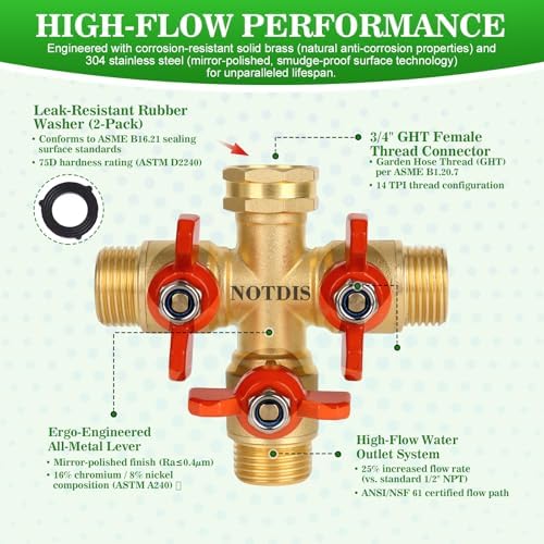 3 Way Hose Splitter, Solid Brass High Volume 3 Way Hose Splitter Valve with Metal Handle, Heavy Duty High Flow Spigot Splitter with Shut off Valve, 3/4 Inch Garden Tap Splitter - Image 5