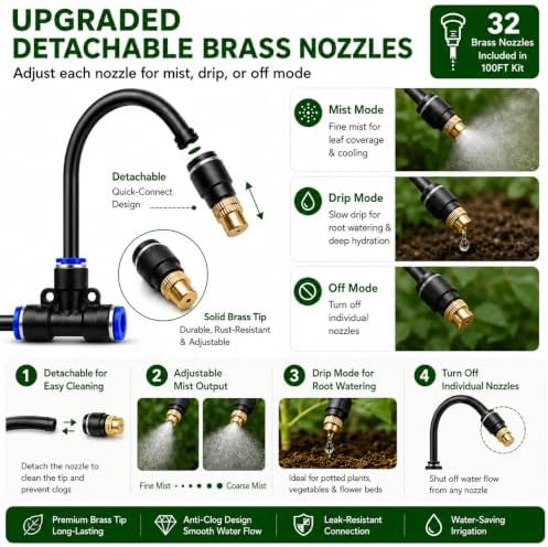 100FT 5/16" Garden Watering Kit with 32 Brass Nozzles & Y Splitter - Image 3