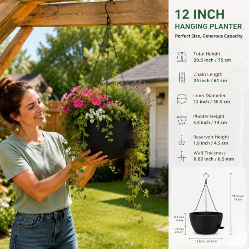 12" Self Watering Hanging Planters with Chains, Black, 2 Pack - Image 3