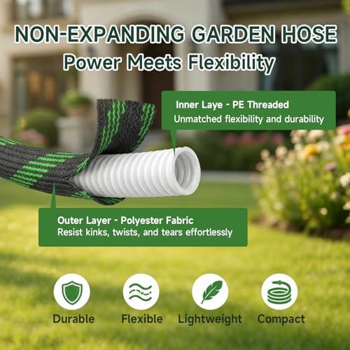 Non-Expandable Garden Hose 125 FT, Heavy-Duty & Flexible Water Hose with 10-Function Nozzle, Kink-Free & Leak-Proof Design, Ultra Lightweight Portable Yard Hose for Lawn, Car, Outdoor Use - Image 3