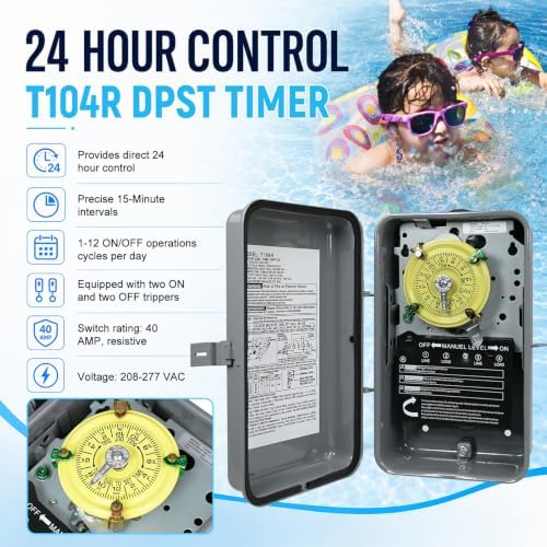 3R Rainproof T104R Pool Timer, Heavy Duty Timer Switch DPST 208-277 VAC 40A - Image 3
