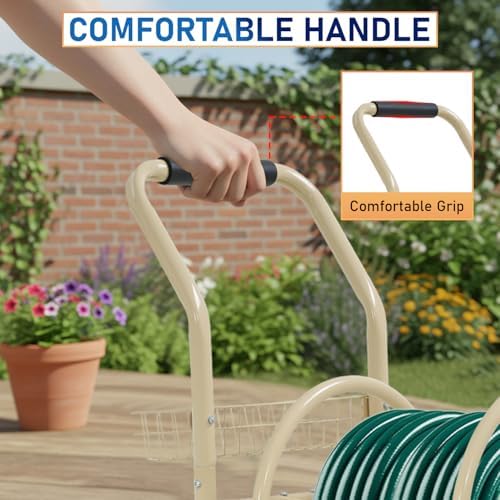FDW Garden Hose Reel Cart, Water Hose Cart with 4 Wheels, Hold Up to 300 ft of 5/8’’ Hose，Heavy Duty Powder-Coated Steel Planting with Storage Basket, for Garden, Yard and Lawn - Image 6