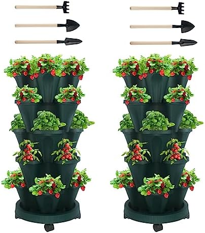 DUNCHATY Stackable Planter, Vertical Garden Planter with Wheels and Tools, Strawberry Indoor/Outdoor 5 Tier Tower Herb for Growing Vegetables Succulents, Dark Green, 2 Pack by DUNCHATY