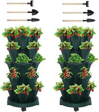 DUNCHATY Stackable Planter, Vertical Garden Planter with Wheels and Tools, Strawberry Indoor/Outdoor 5 Tier Tower Herb for Growing Vegetables Succulents, Dark Green, 2 Pack by DUNCHATY